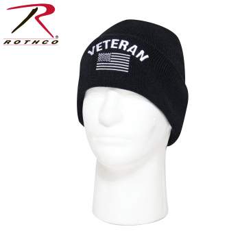 Veteran With US Flag Fine Knit Watch Cap - Black