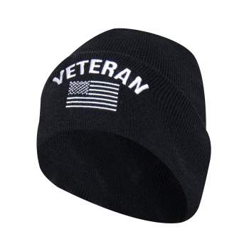 Veteran With US Flag Fine Knit Watch Cap - Black